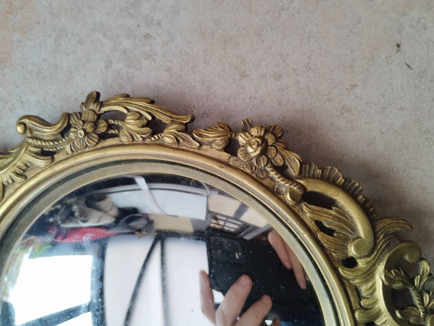 Pair of antique witch mirrors, curved glass, bronze frame