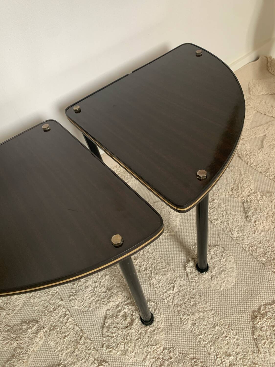 Pair of vintage 1960s side tables – wood veneer & brass, metal legs