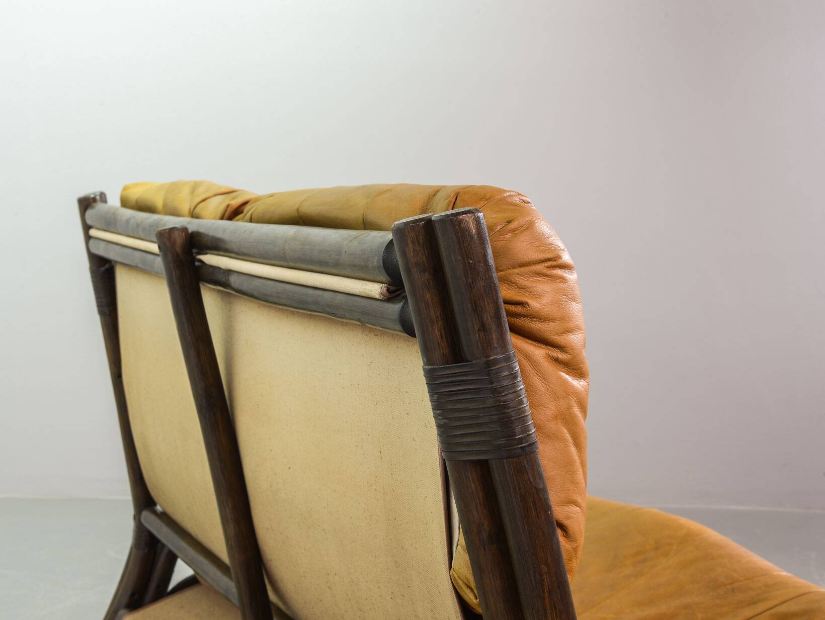 Brutalist Bentwood Love Seat Bamboo Sofa w. Caramel Leather Upholstery, 60s