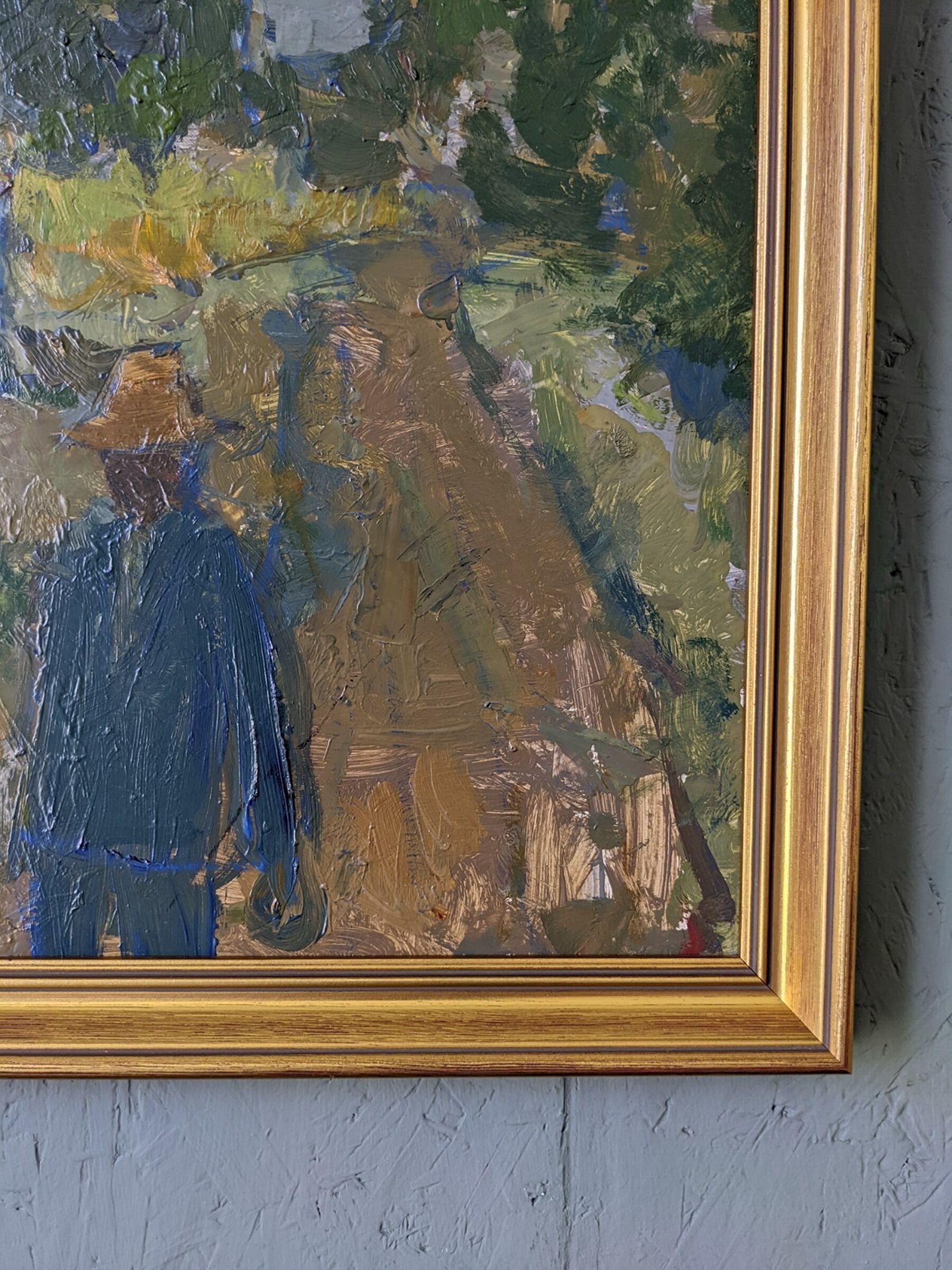 Mid-century modern swedish "forest houses", vintage abstract street scene framed oil painting