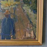 Mid-century modern swedish "forest houses", vintage abstract street scene framed oil painting