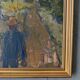 Mid-century modern swedish "forest houses", vintage abstract street scene framed oil painting