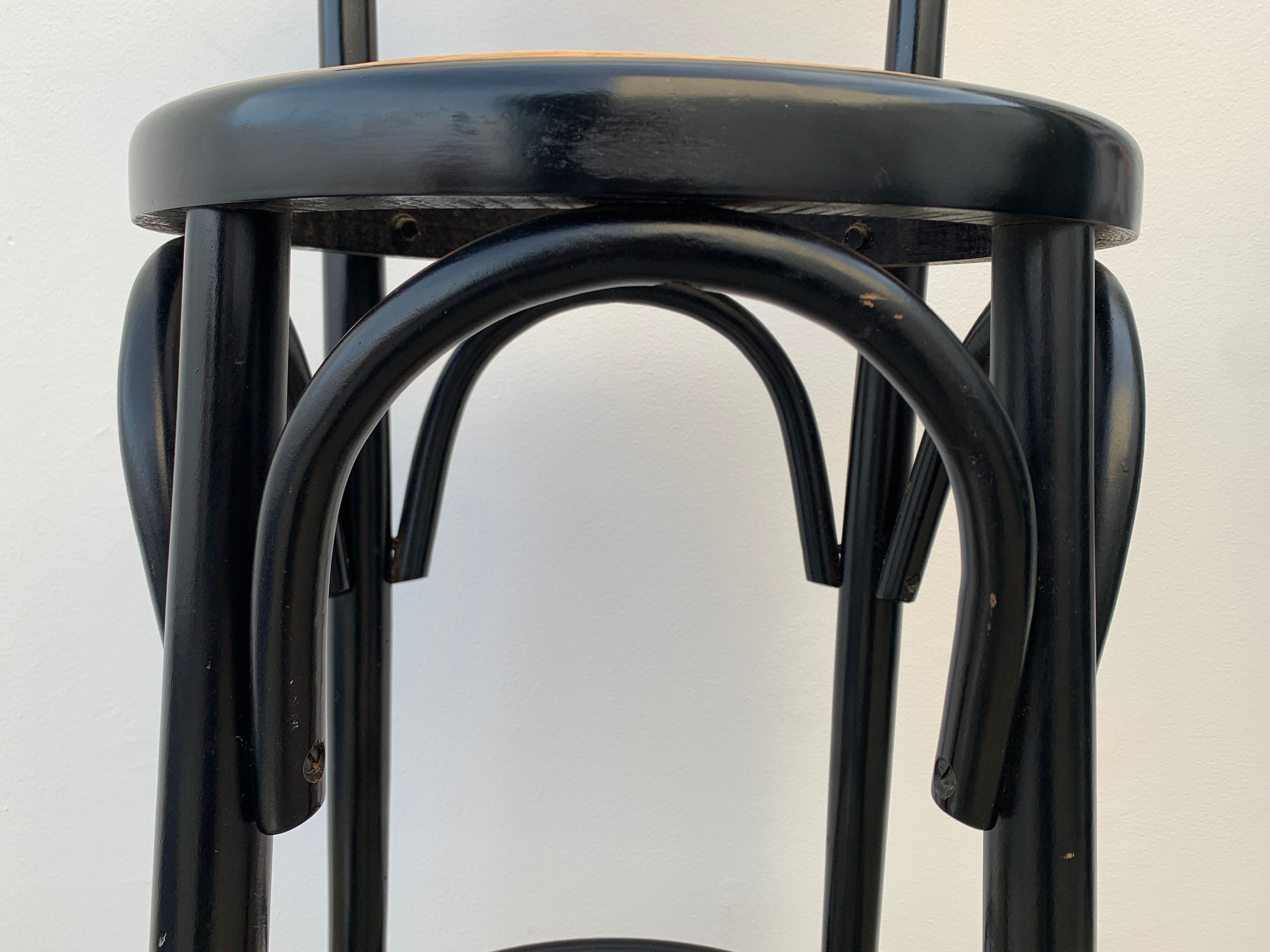 Pair of high canne stools or black curved wooden bar chairs, 1970
