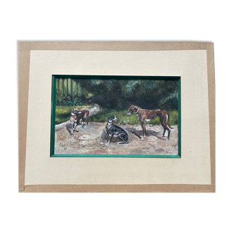 Tableau peinture ancienne chiens trois lévriers XXe