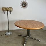 Old inlaid wood table designed by Dieter Waeckerlin Idealheim from the 70s with metal foot