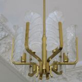 Lustre en laiton et feuille d'acanthe en verre de Carl Fagerlund, Suède, années 1960
