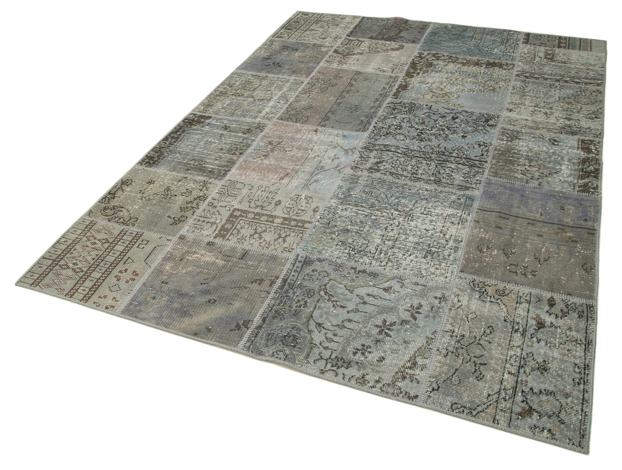 Hand-knotted turkish vintage 172 cm x 245 cm grey patchwork carpet