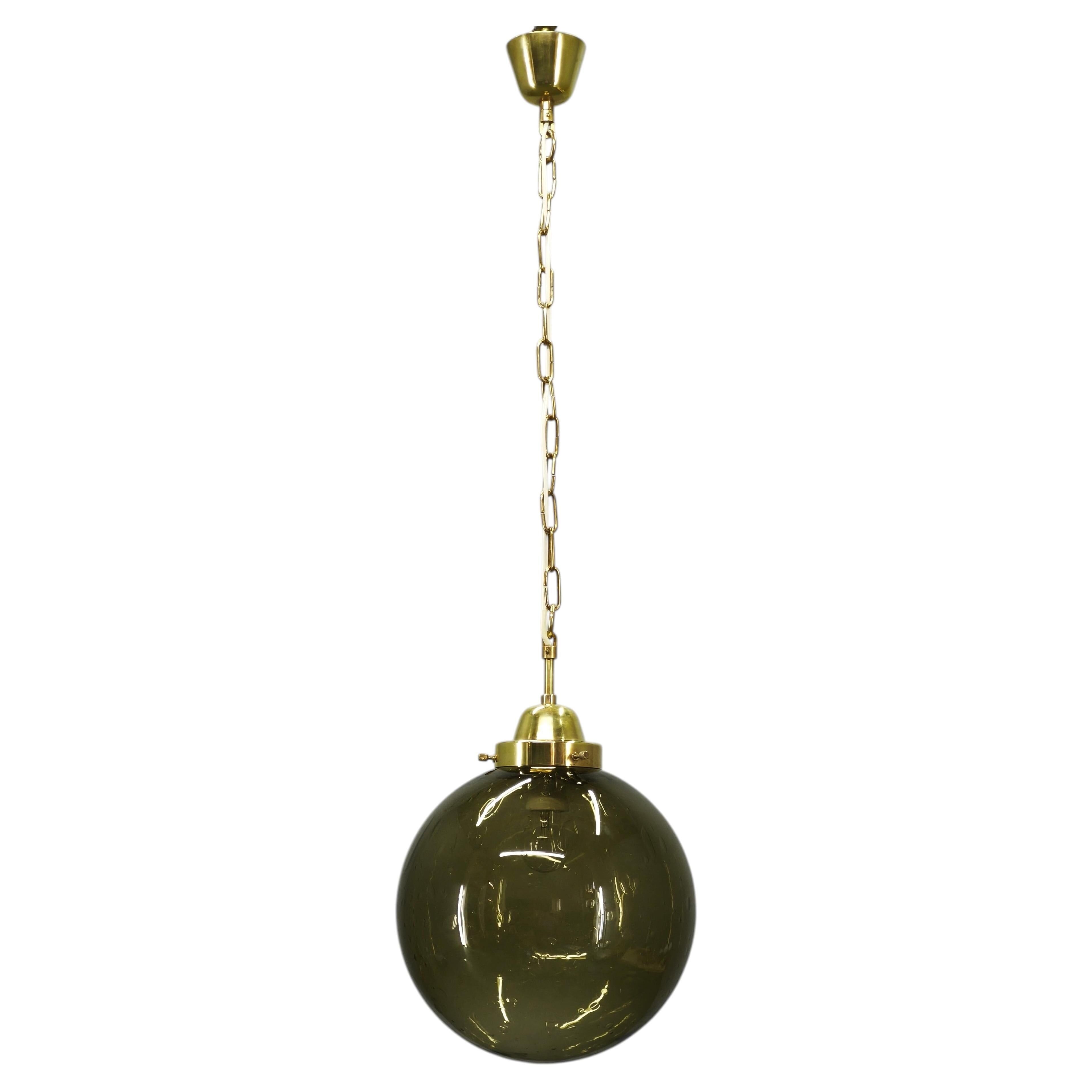 1970s Czech Smoked Glass Globe and Brass Pendant Light