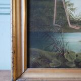 Old oil on canvas framed, "Flamingos"