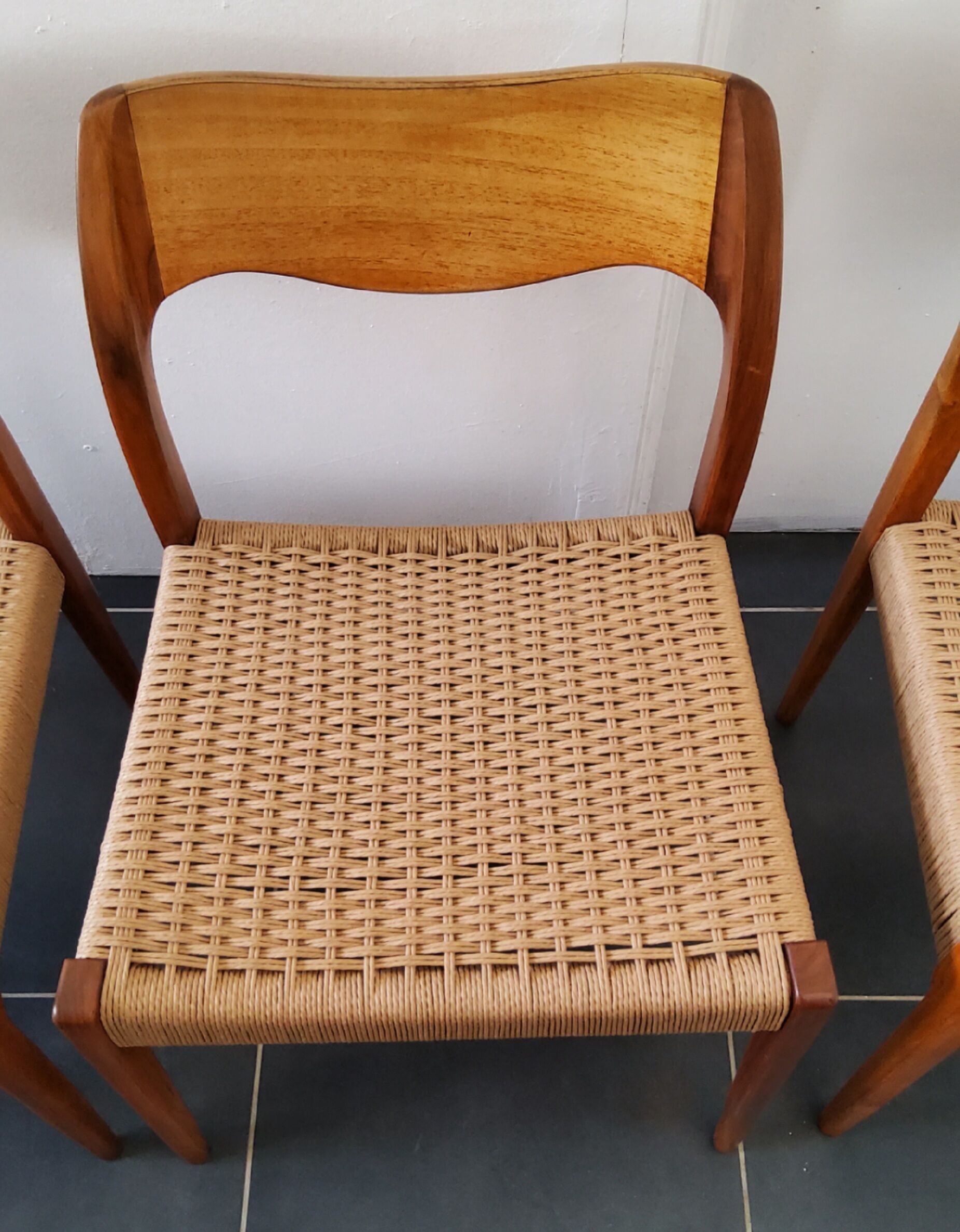 4 Scandinavian chairs by Niels Otto Møller, Danish design, 1950s, wood and rope