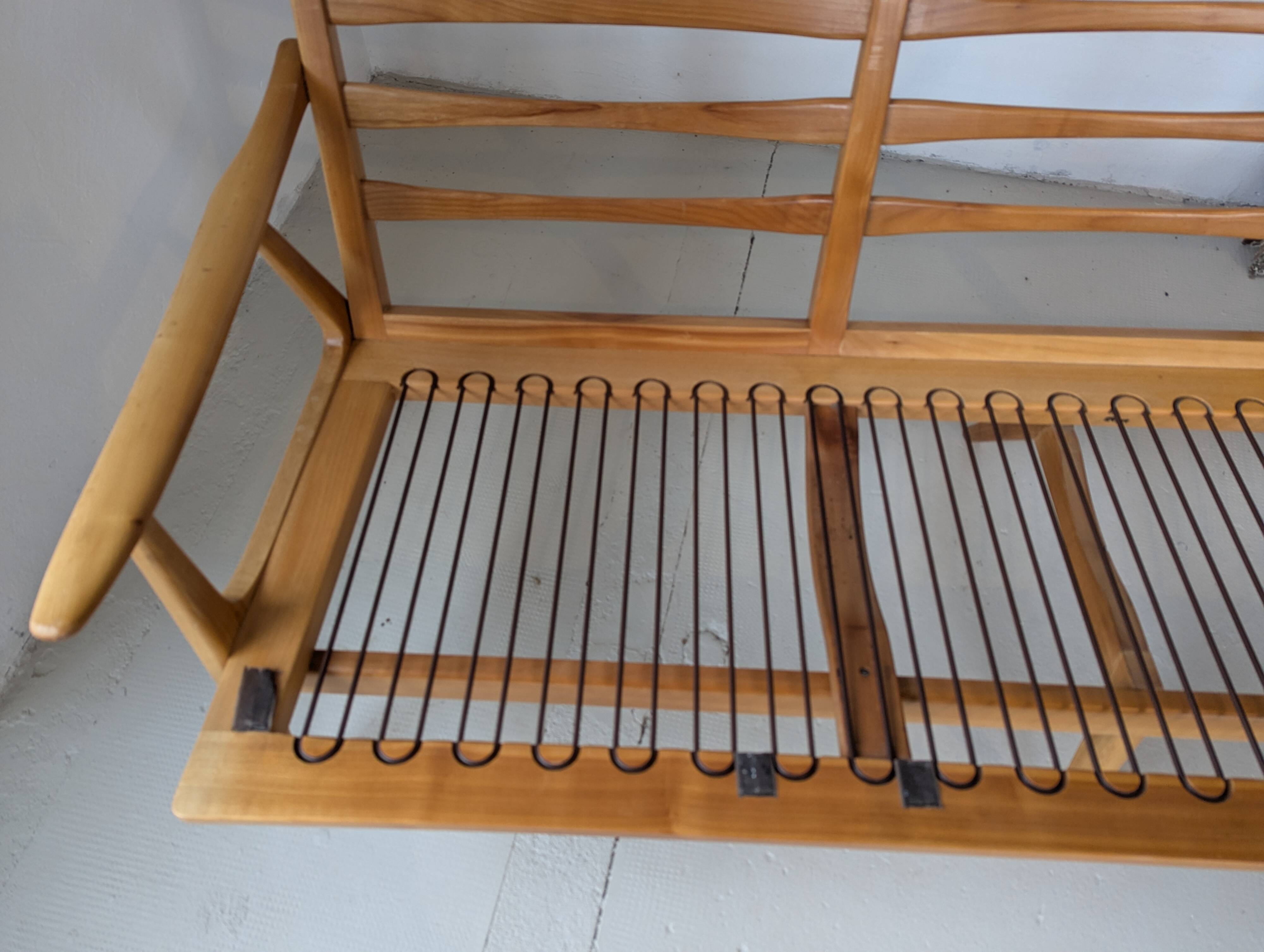 Banquette velours et bois clair, scandinave vers 1960/70