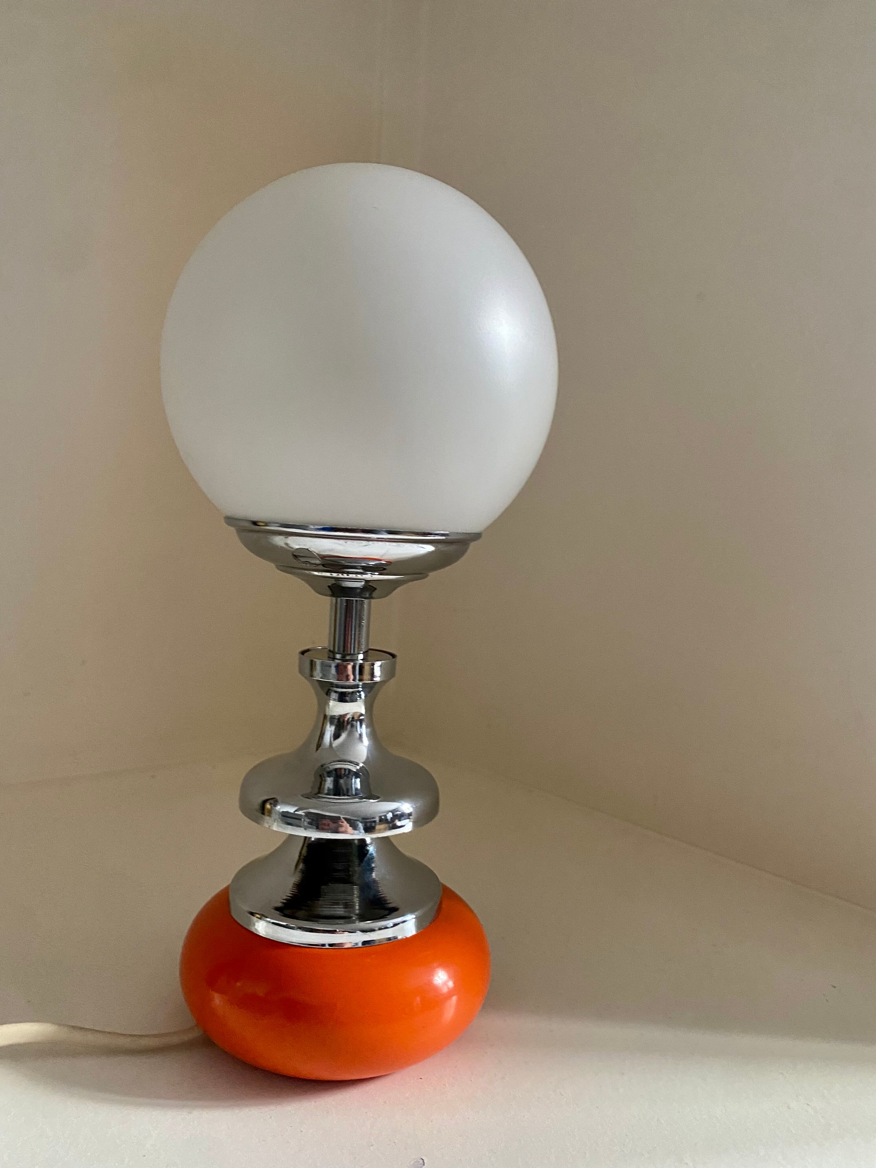 Vintage lamp opaline globe, wood turned orange and chrome 60s 70s