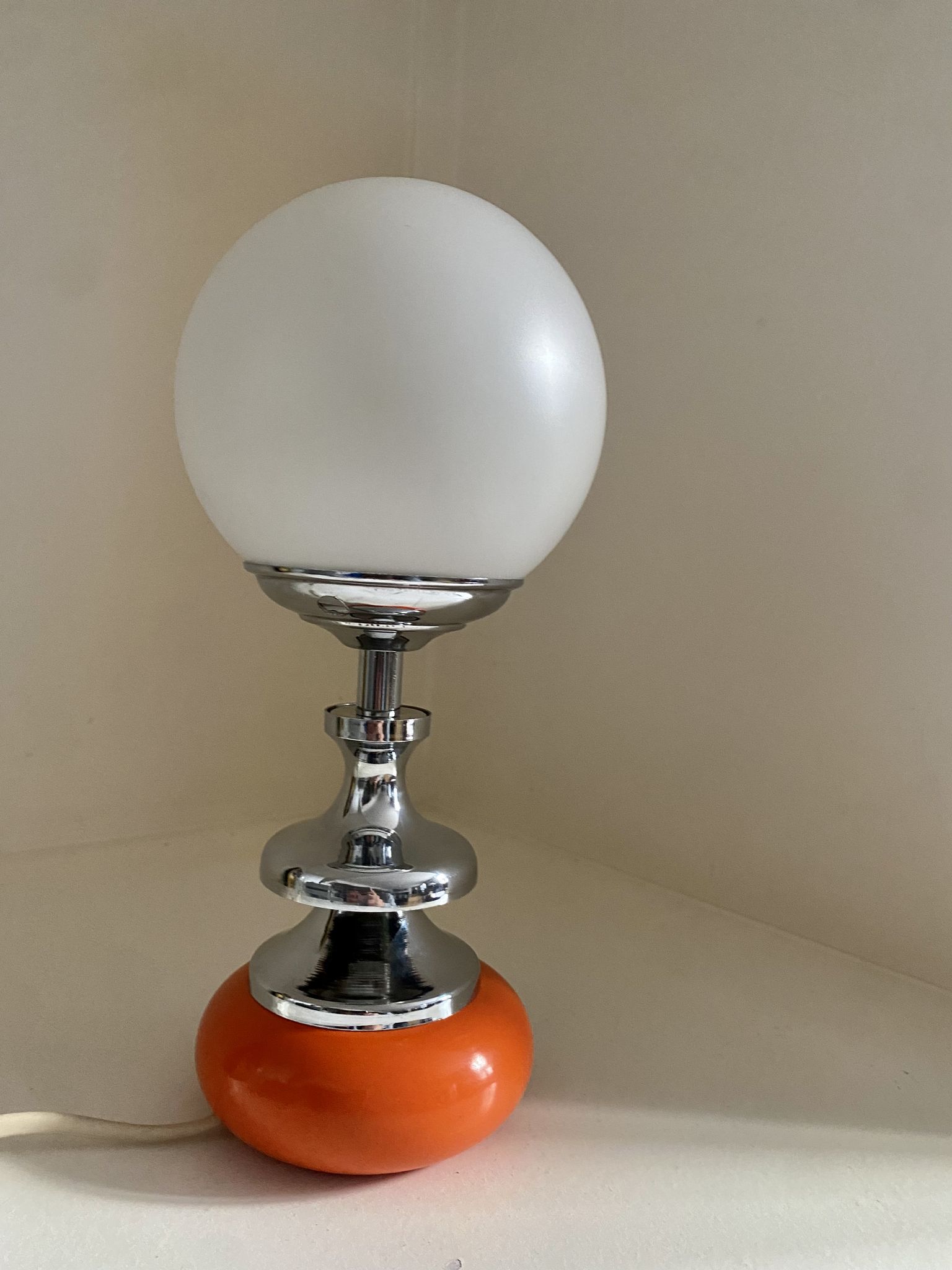 Vintage lamp opaline globe, wood turned orange and chrome 60s 70s