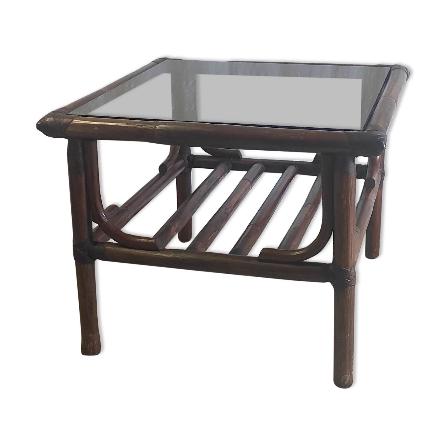 Rattan coffee table and smoked glass 60-70s