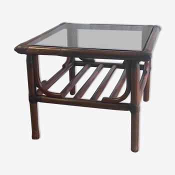 Rattan coffee table and smoked glass 60-70s