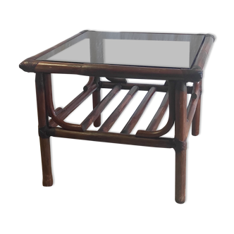 Rattan coffee table and smoked glass 60-70s