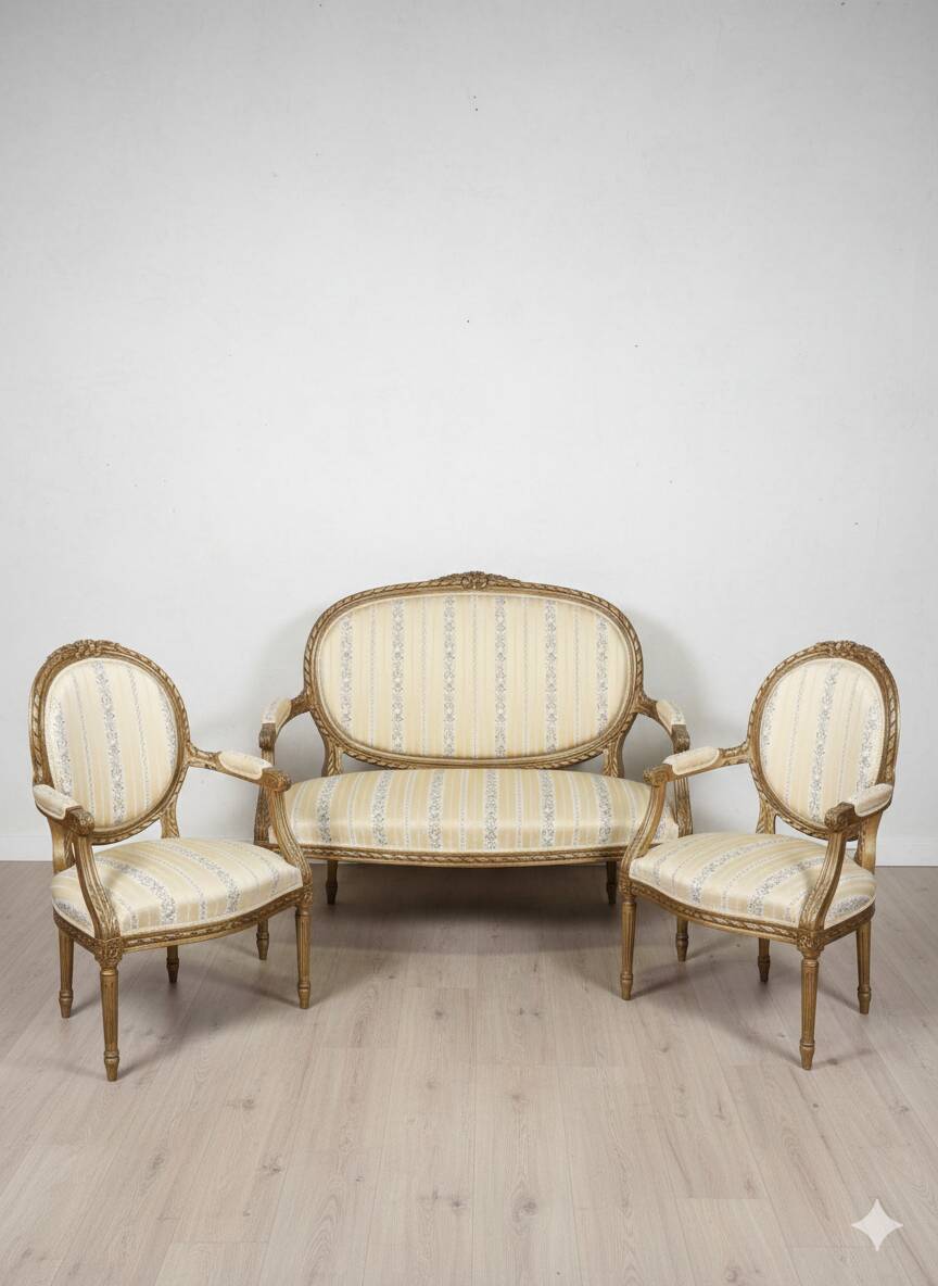 Louis XVI Style Ensemble Salon - Basket Sofa & Pair of Armchairs