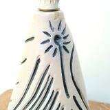 White and blue ceramic lamp, raffia shade