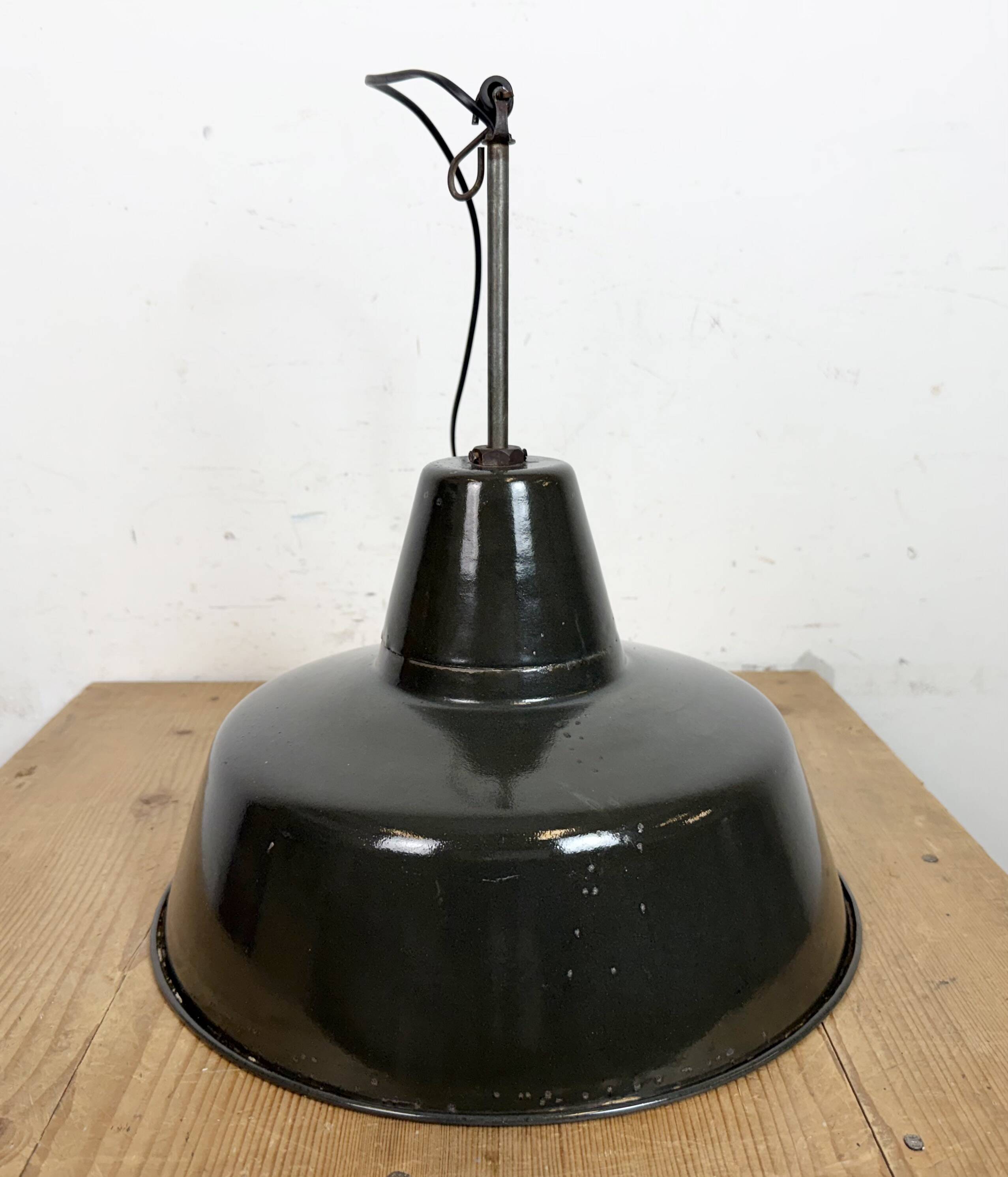 Industrial Black Enamel Factory Lamp with Iron Top, 1950s