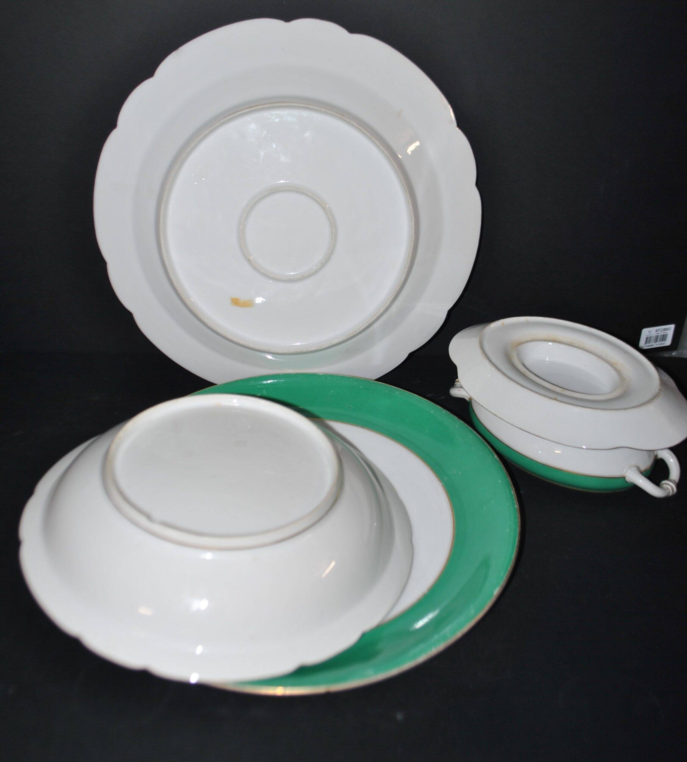 Paris porcelain set of 3 plates and a sauce boat with green border and gold monogram JC.