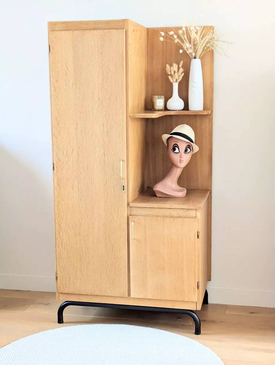 Renovated vintage asymmetrical oak wardrobe