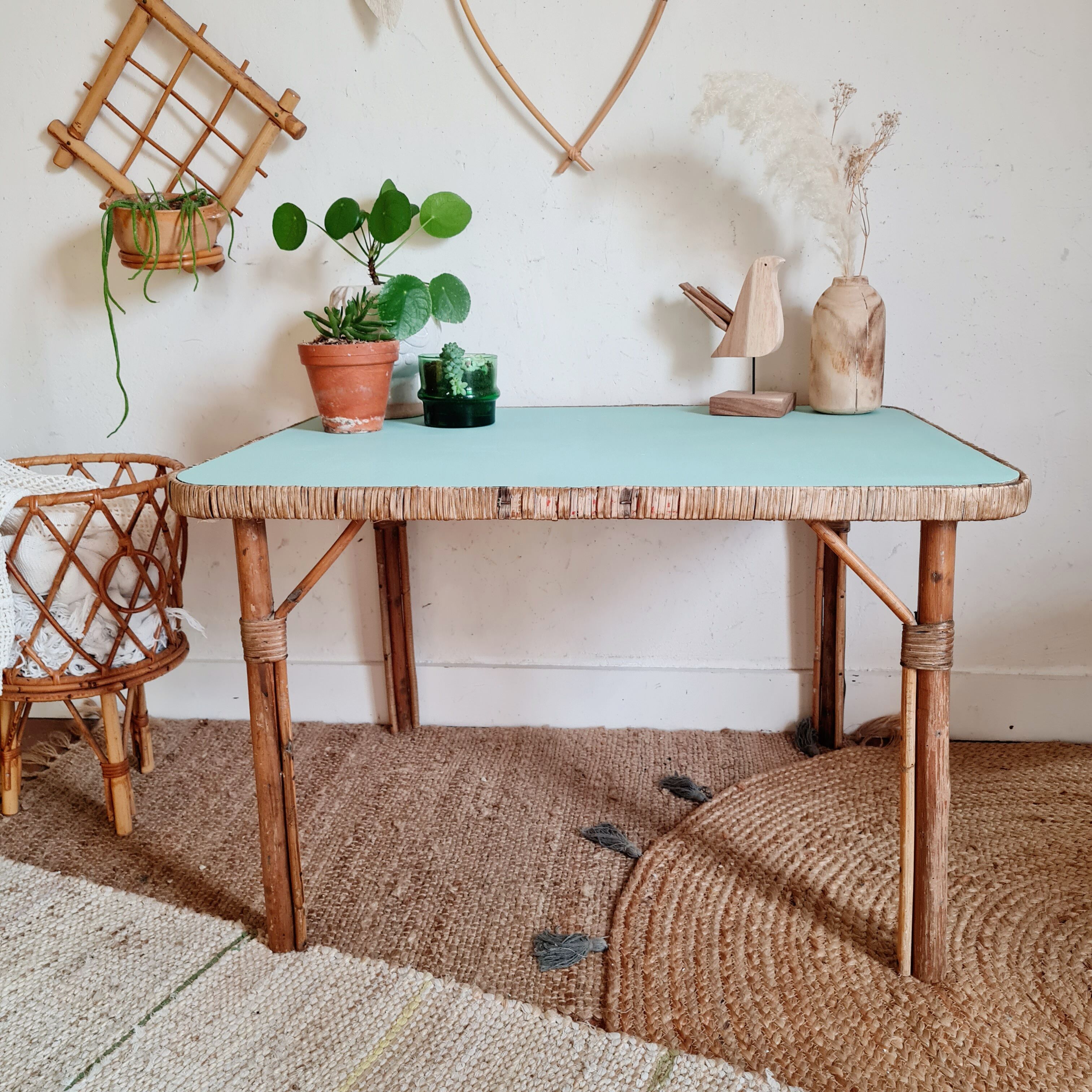 Rattan coffee table blue top
