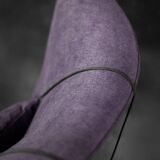 High-backed wing chair in oak and purple fabric, vintage Scandinavian style from the 1950s.