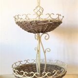 Display 2-tiered structure patinated metal rattan baskets