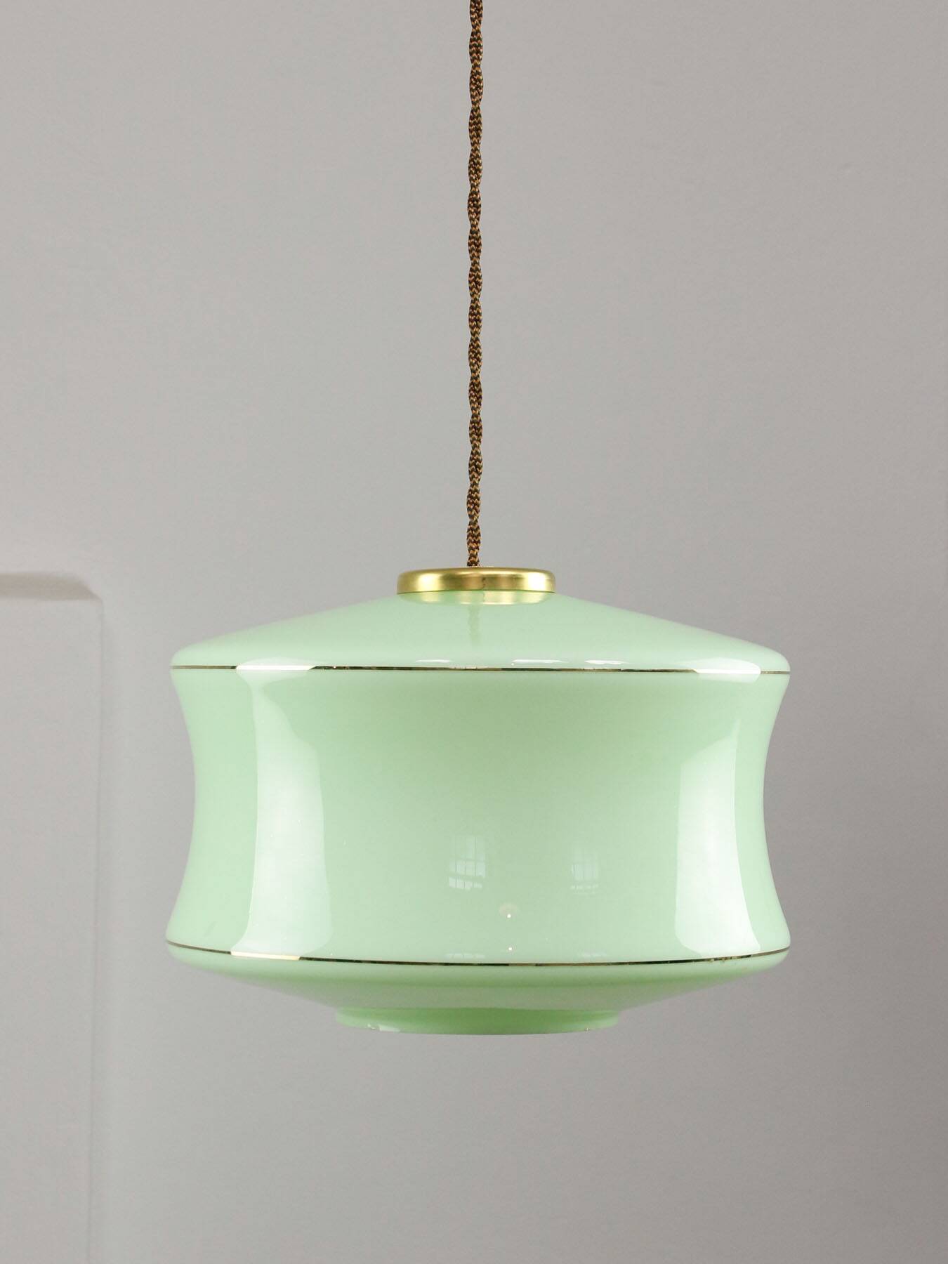 Mid-Century Italian Brass and Green Glass Pendant Lamp