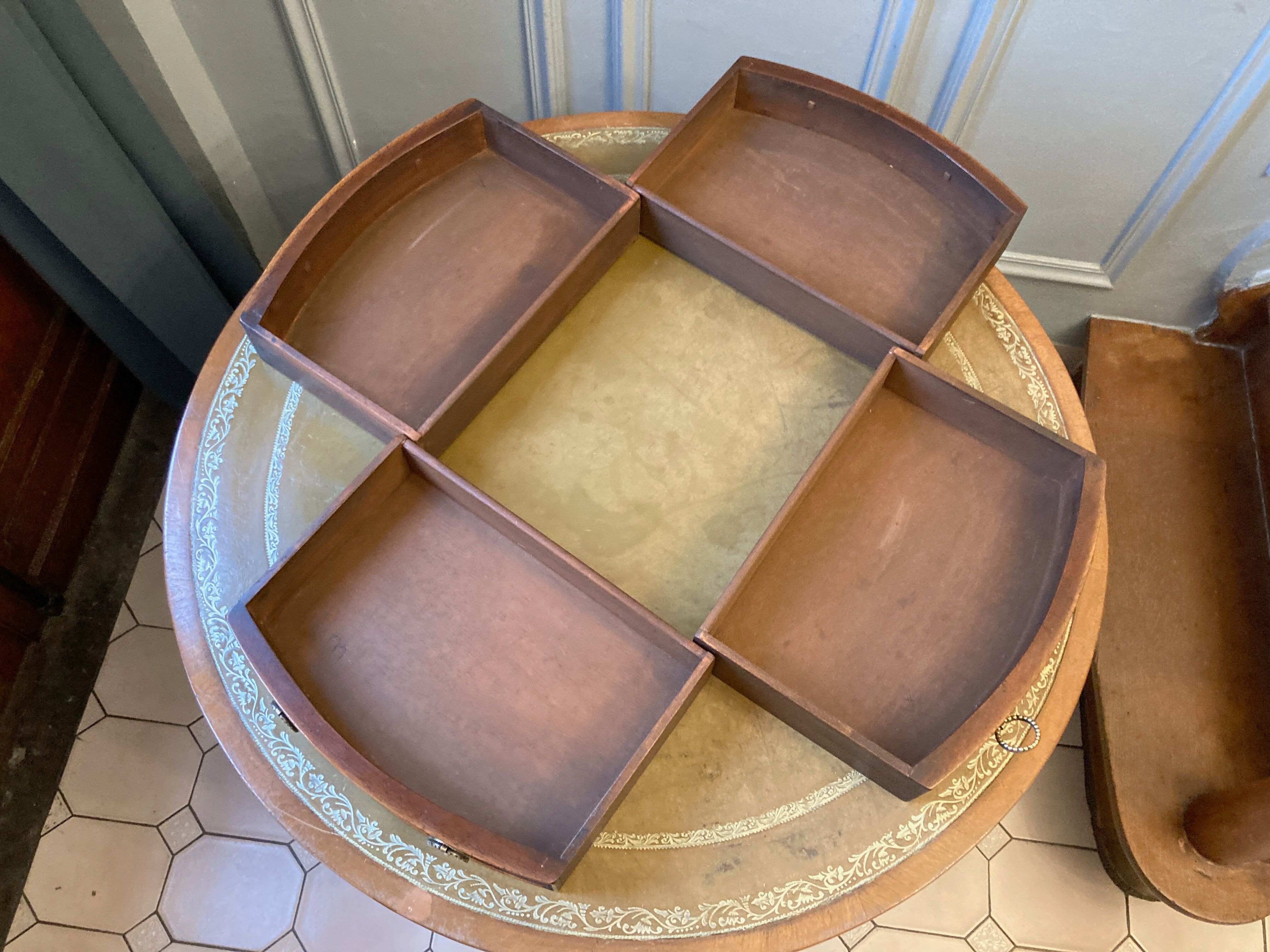 Old drum table 1900 cherry leather and brass