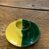 Coquetier en céramique émaillée bicolore vert et jaune vintage 1950