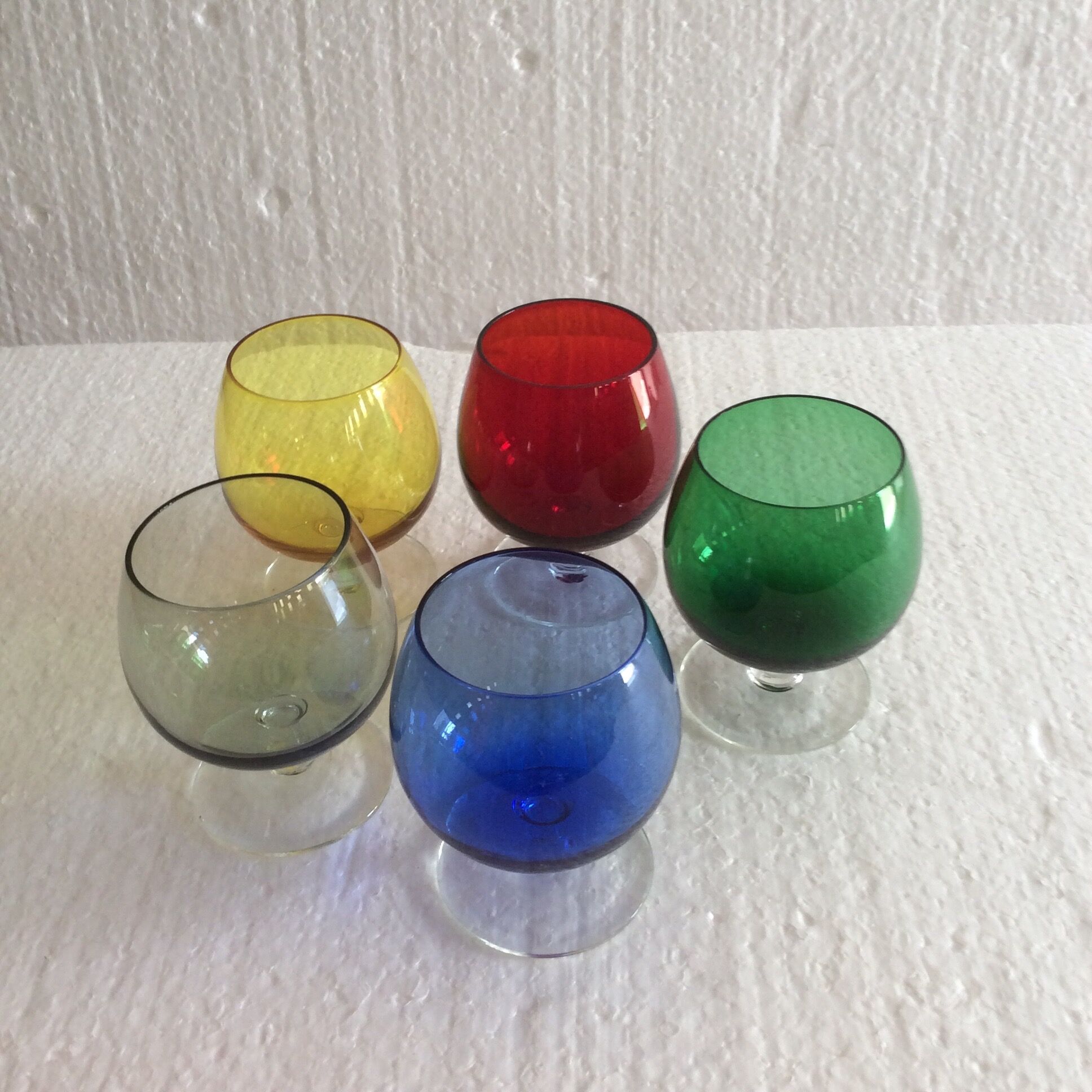 Set of five colorful vintage glasses