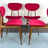 Set of four red velvet and wood dining chairs, Italy 1950