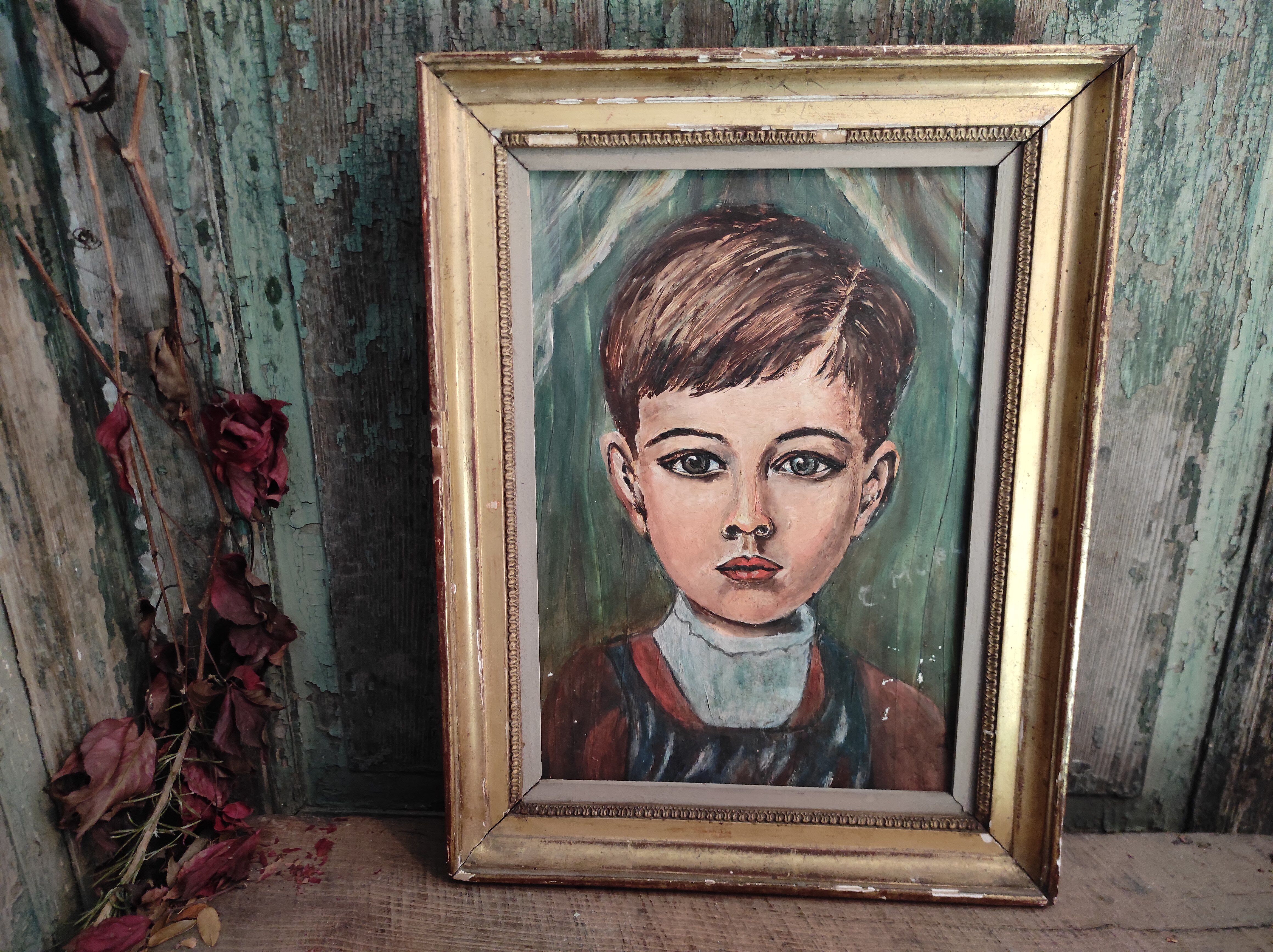 French vintage oil portrait of a boy, signed C. Mury