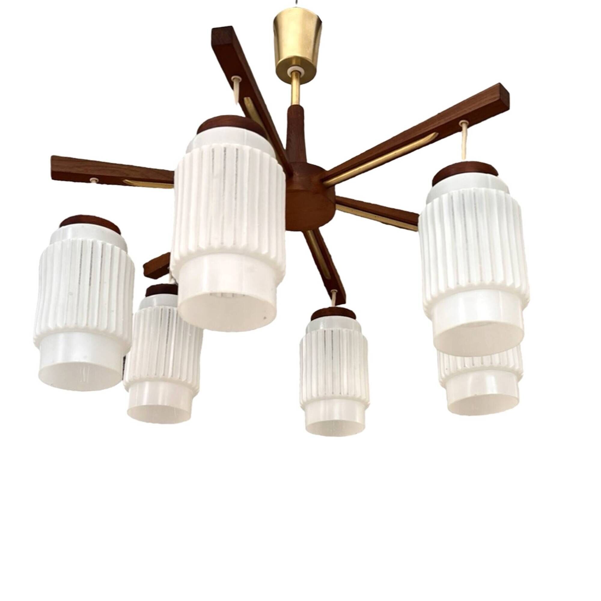 Scandinavian six-arm chandelier made of teak wood, Denmark, 1970s.