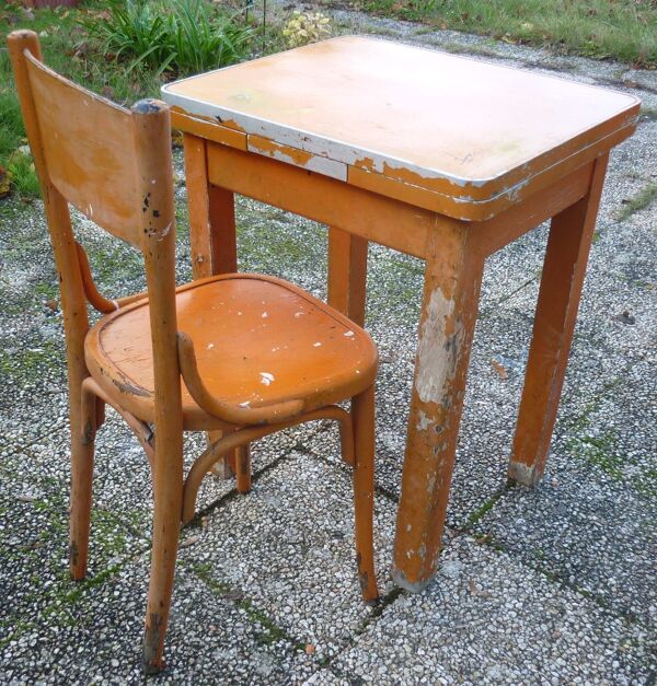 Table avec rallonges en bois et aluminium Roc et 1 chaise des années 50