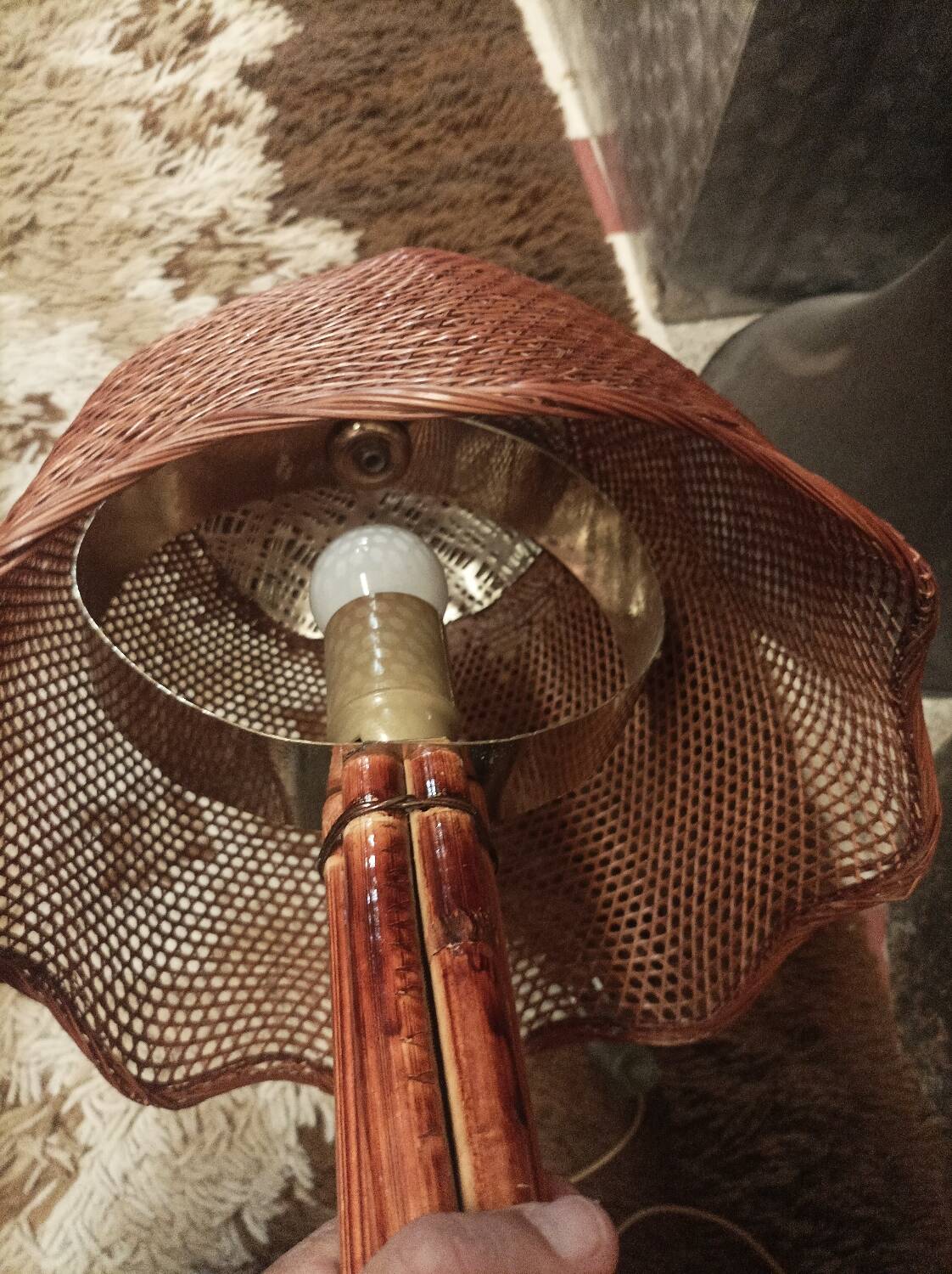 Vintage rattan and chrome metal lamp – 1970s/1980s