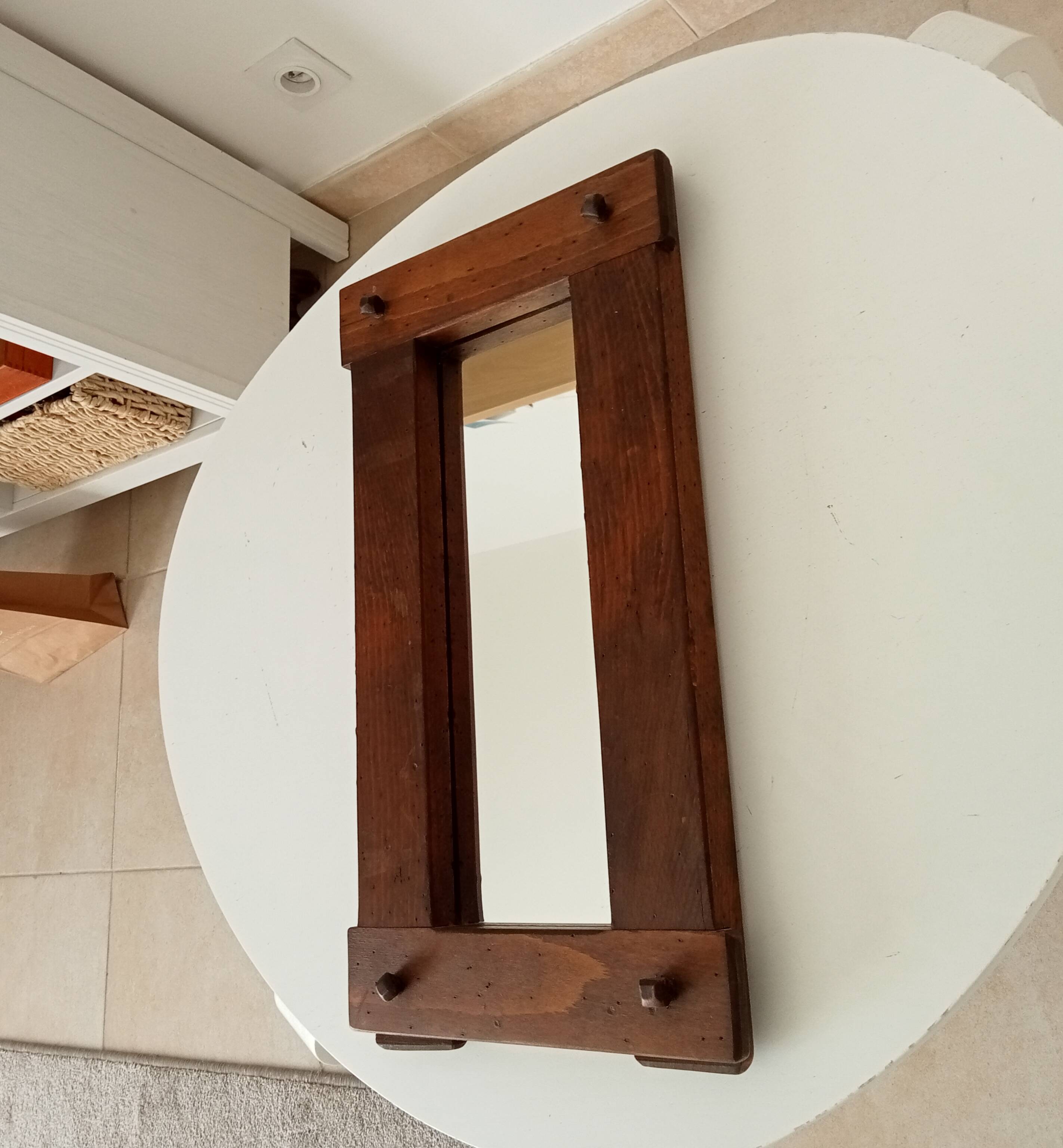 Miroir brutaliste vintage en chêne massif