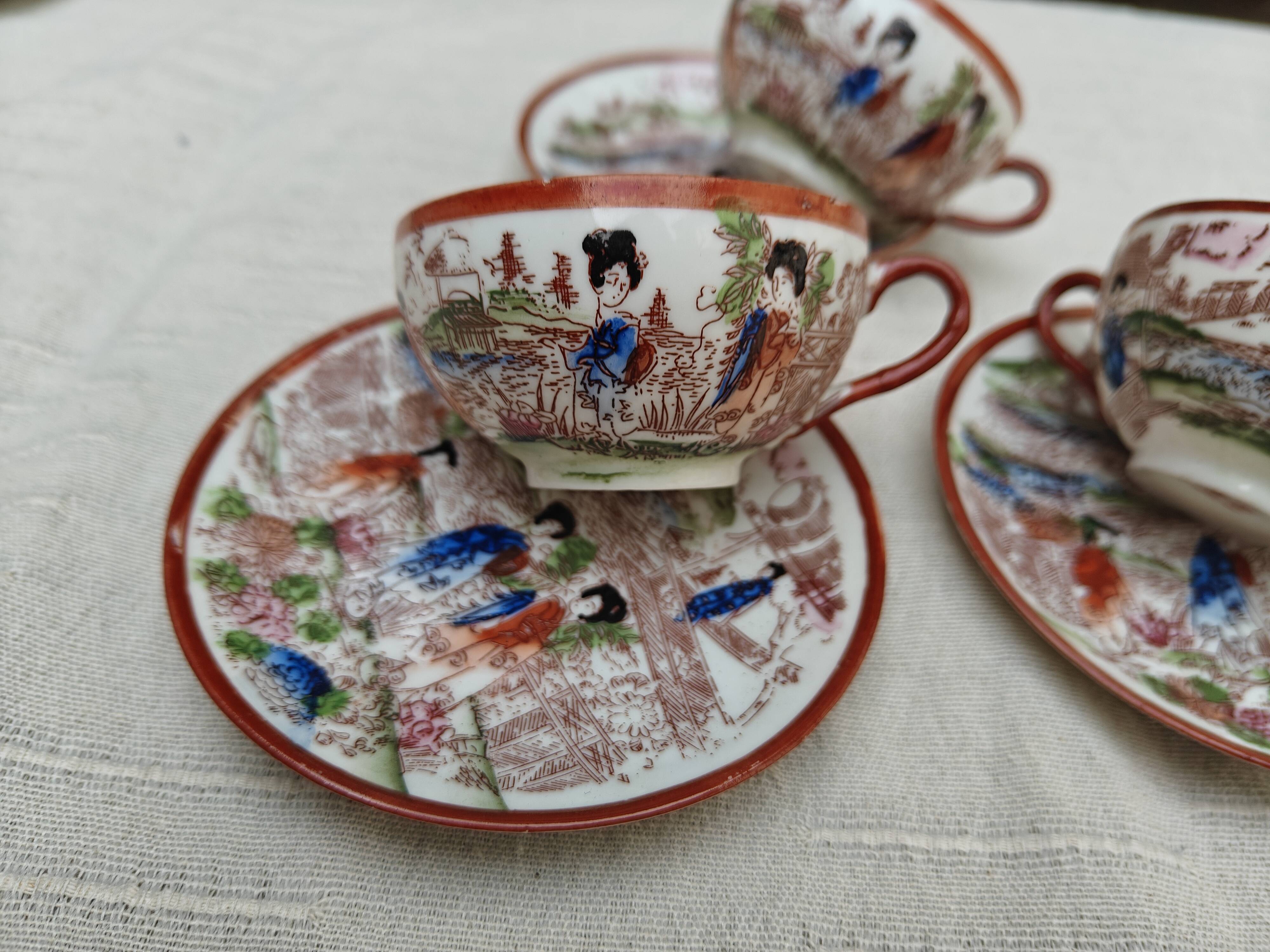 Vintage Japanese tea/coffee service, egg shell porcelain & enamels for 5 people.