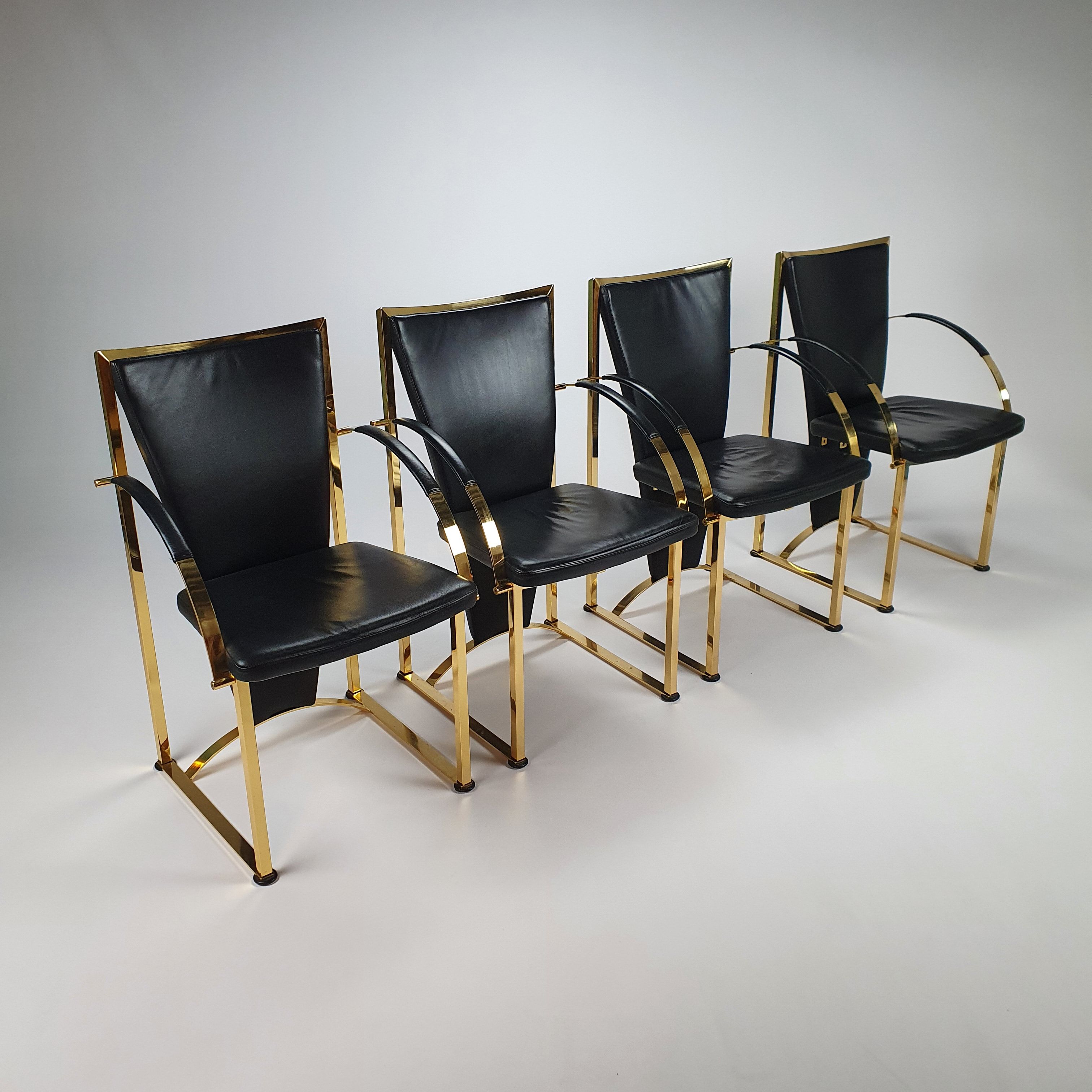 Regency exclusive brass & leather dining chairs by Ronald Schmitt, Set of 4