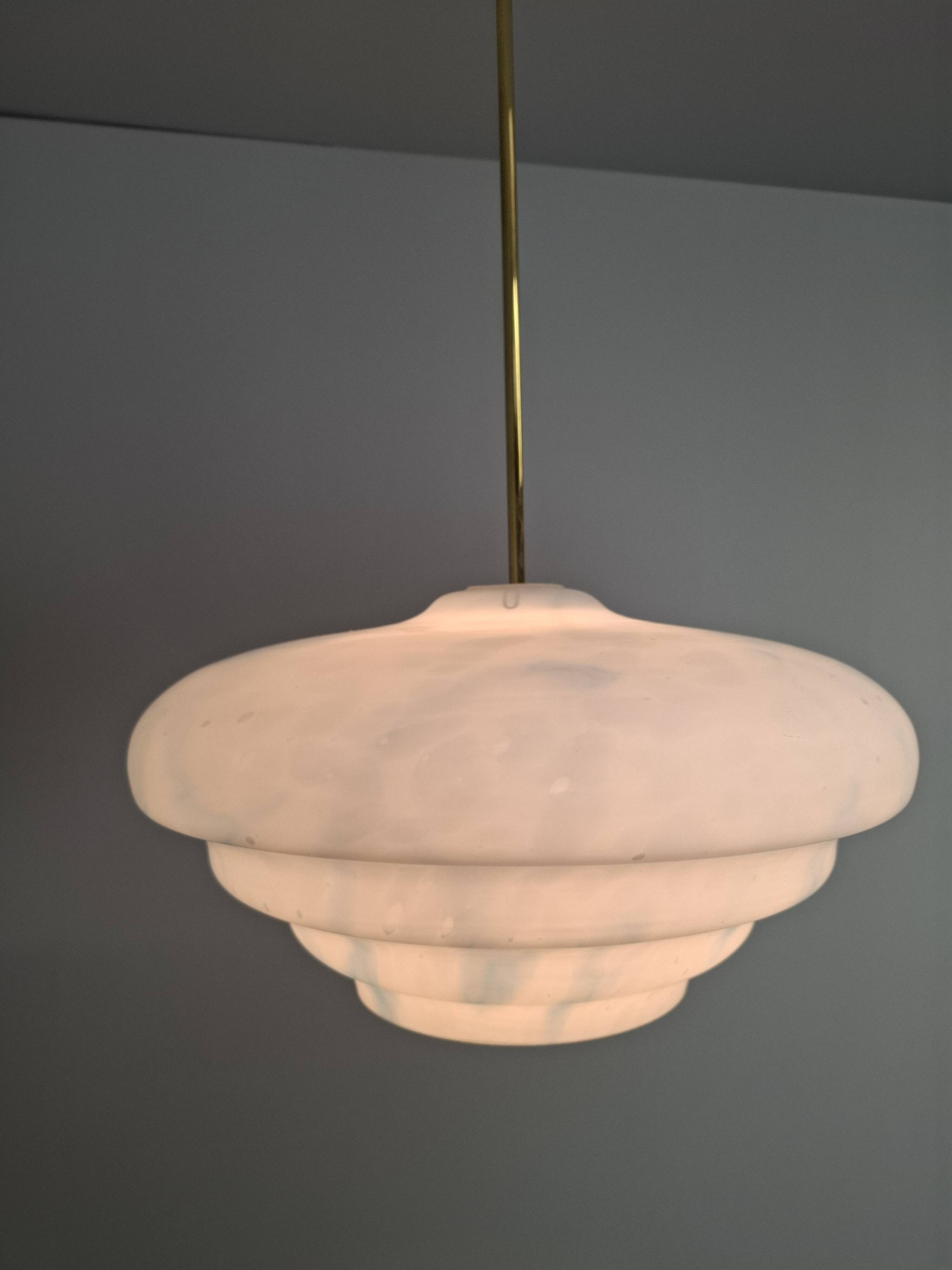 Napako Midcentury Modern Pendant Lamp in Opaline Glass and Brass, Czechoslovakia