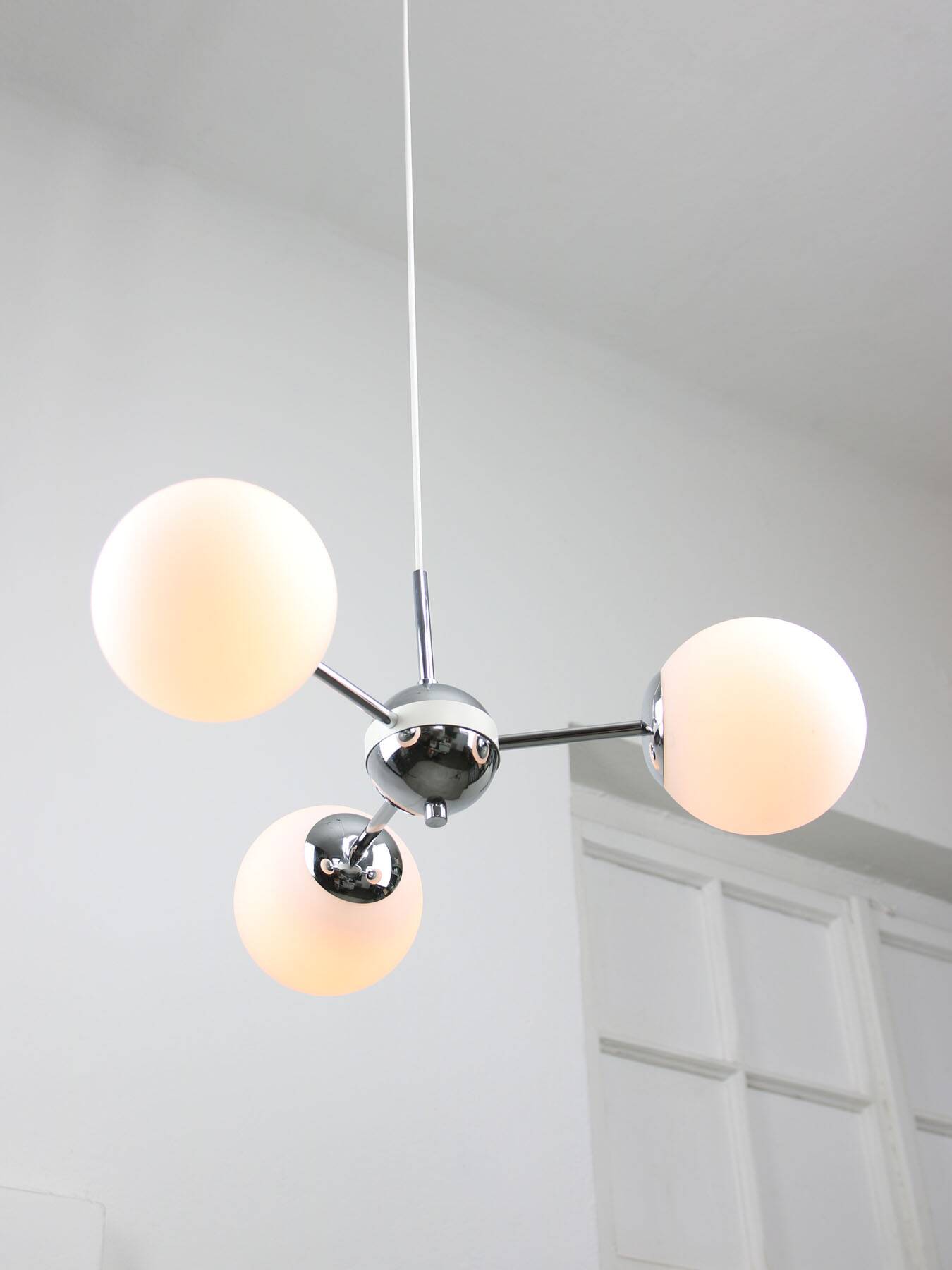 Vintage Italian Chrome and Opaline Sputnik Chandelier, 70s