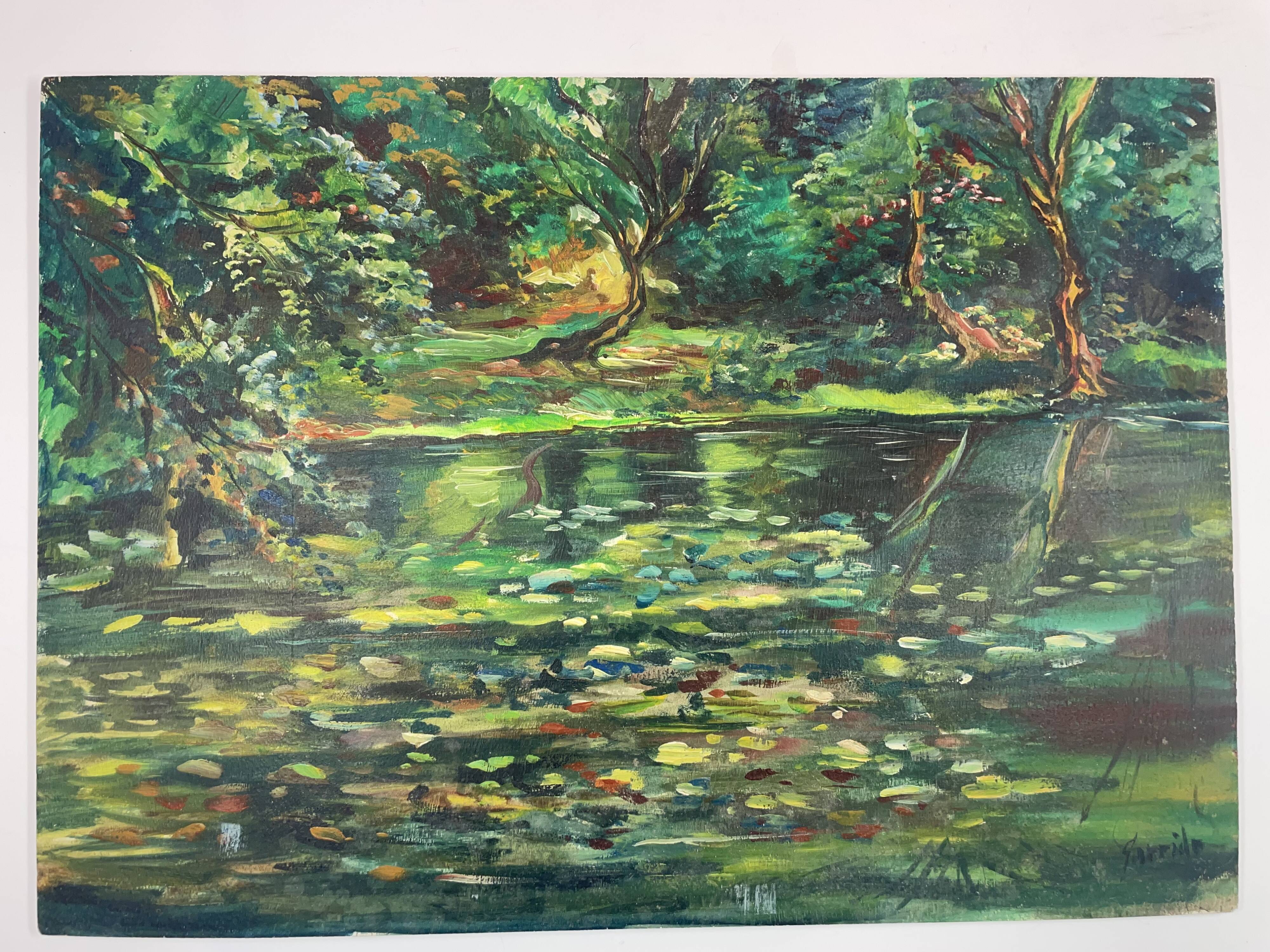 Huile sur panneau, Mare en sous bois bord du marais breton, signature identifier