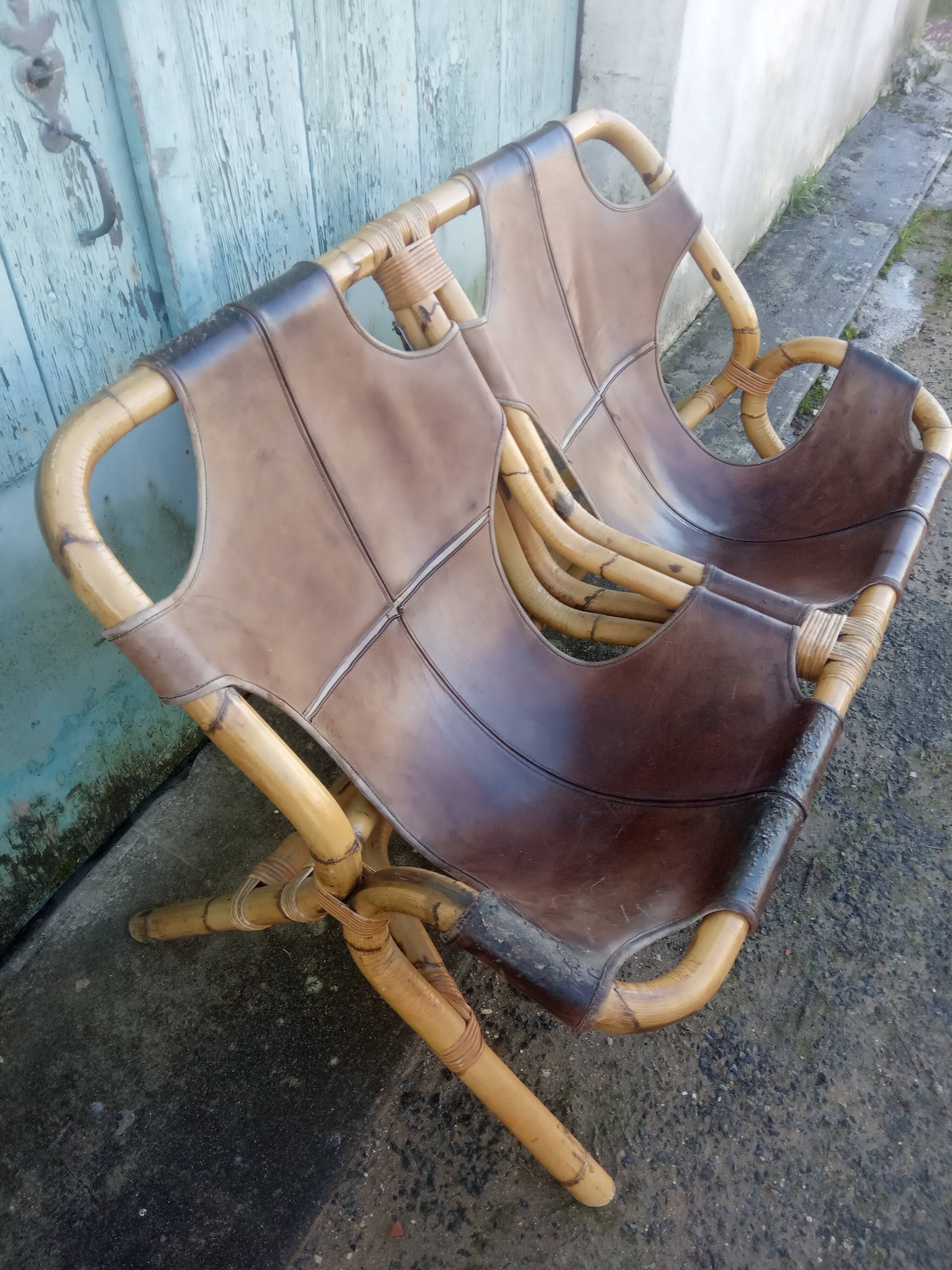 Bench 2 seater Rohe Noordwolde 60s rattan and leather