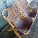 Bench 2 seater Rohe Noordwolde 60s rattan and leather