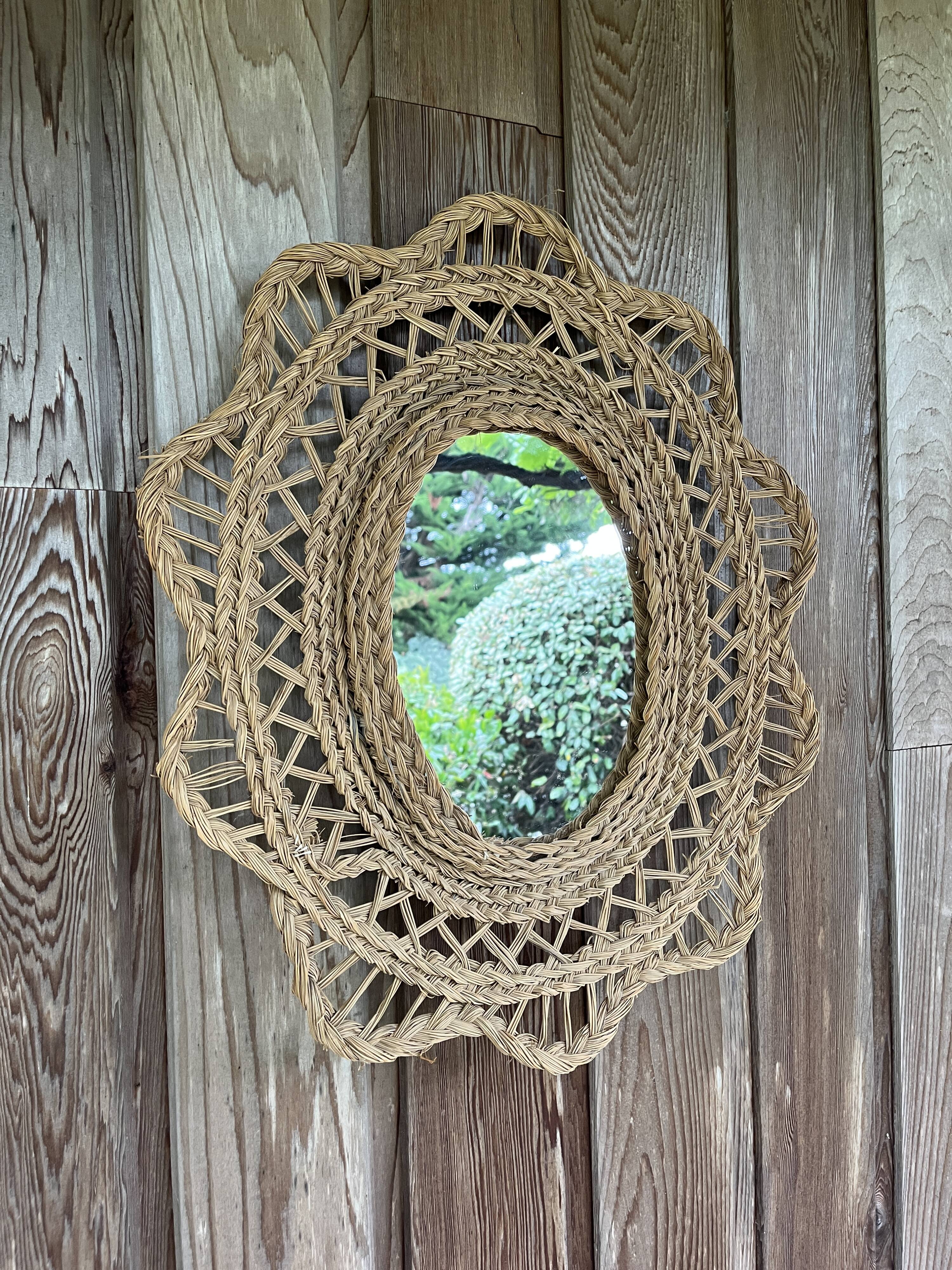 Large braided rattan mirror 1960