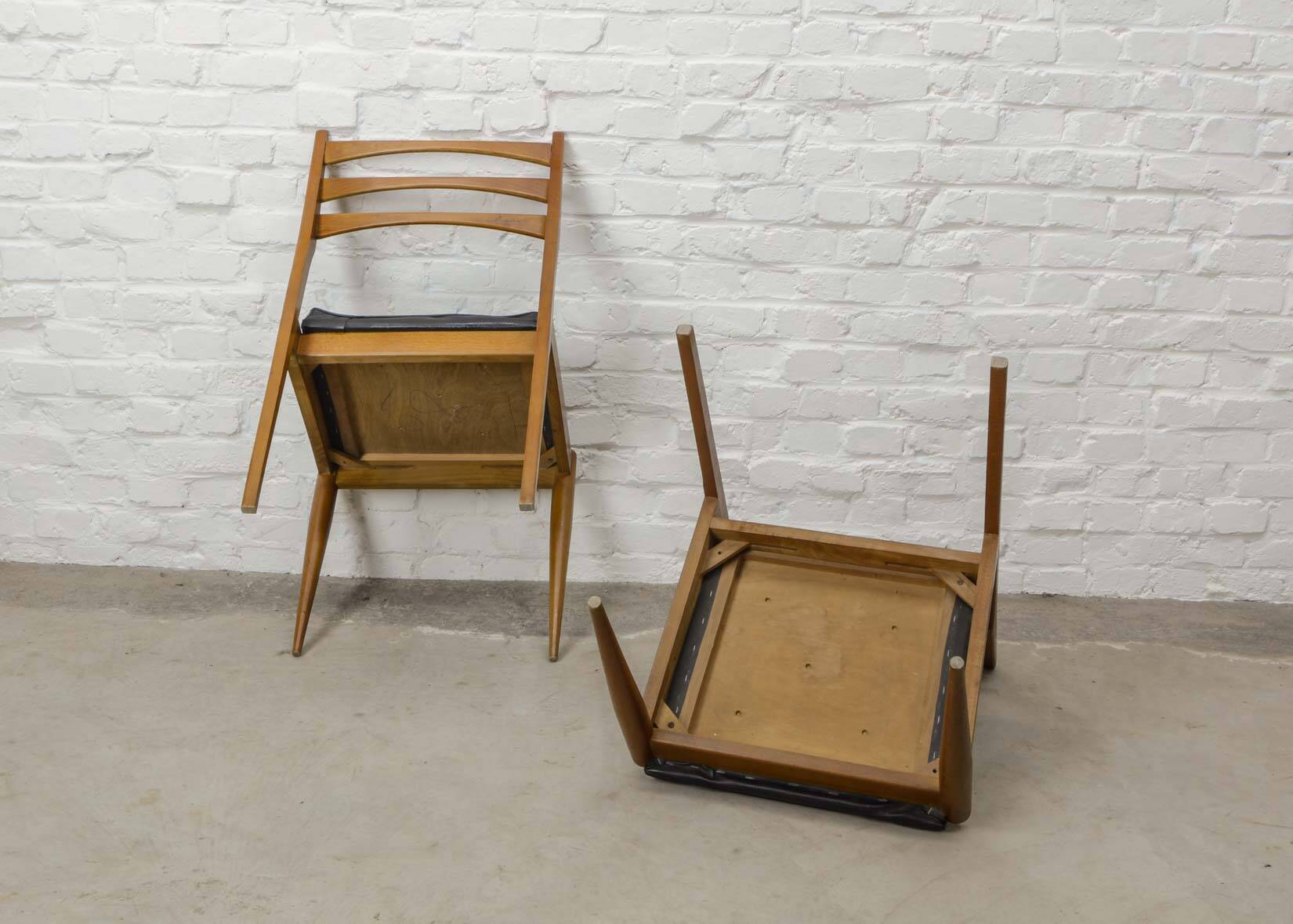 Solid Wood Ladder Dining Chairs with Square Black Leatherette Seating 1960s