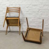 Solid Wood Ladder Dining Chairs with Square Black Leatherette Seating 1960s