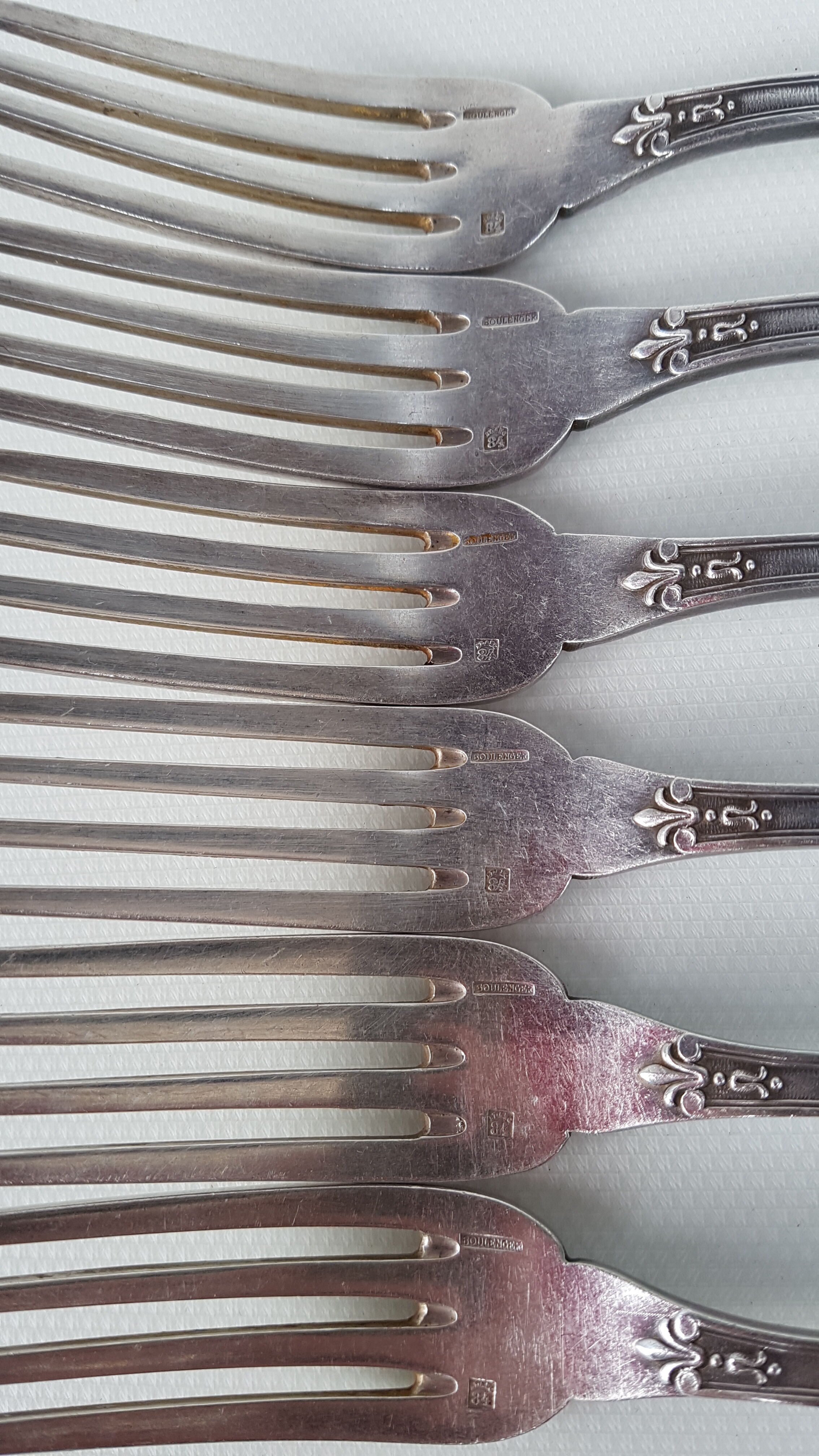 6 silver metal table forks by Boulenger, early 20th century