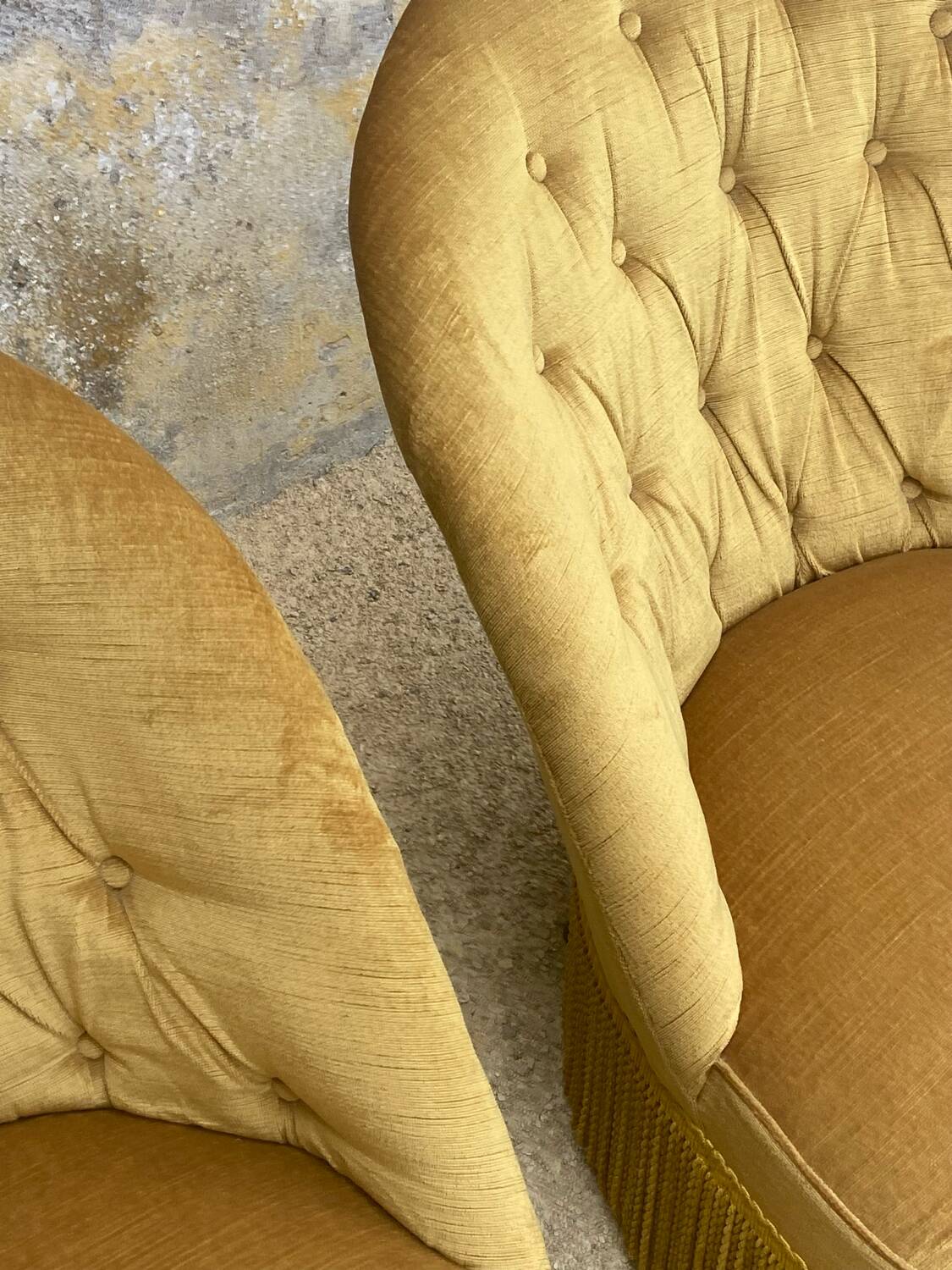 Pair of vintage toad armchairs in golden yellow velvet